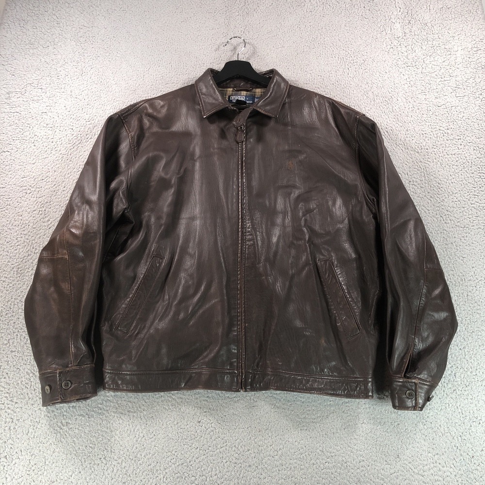 Vtg Polo Ralph Lauren Jacket Mens XL Brown Butter Soft Leather Chin Strap 90s